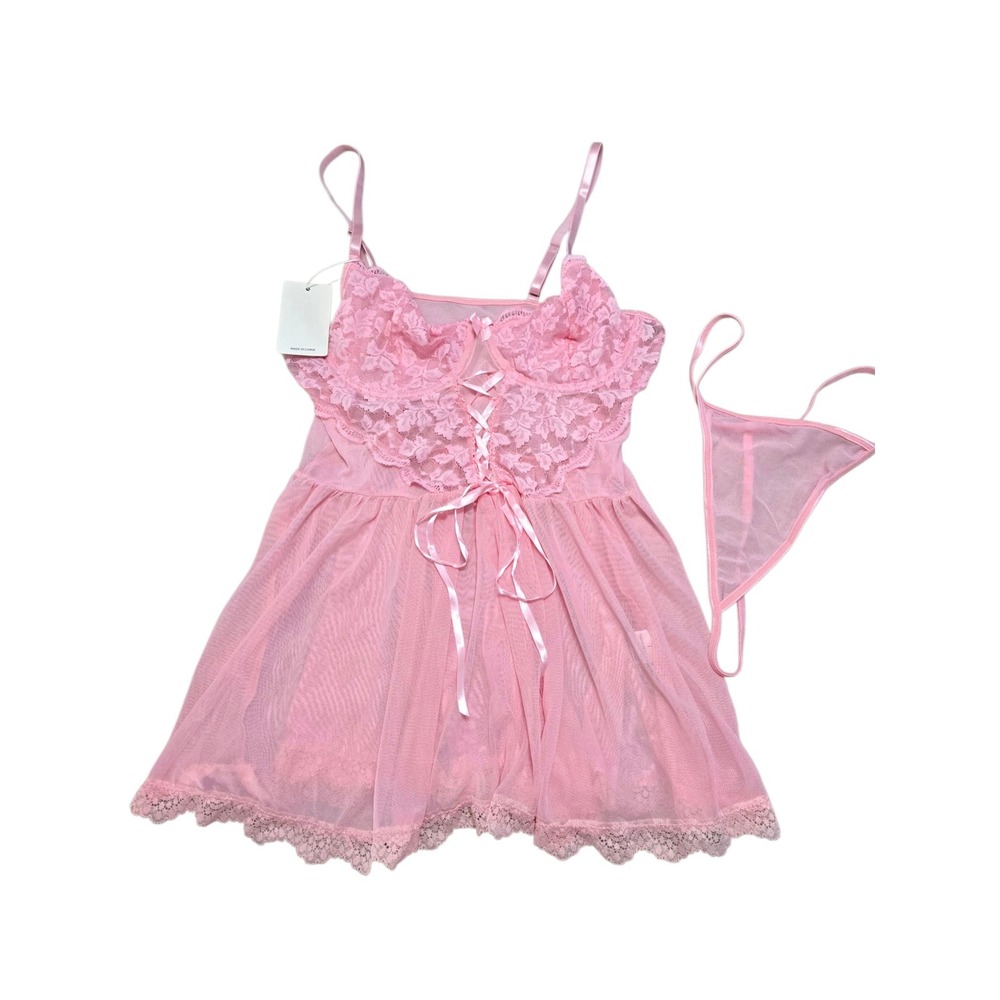 Mixxmix Pink Lace Babydoll Lingerie Set with G-String Size Large NWT